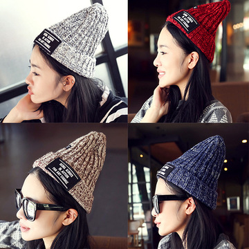 15秋冬季帽子女韩版贴标毛线帽套头帽冬天加厚保暖尖尖帽女士帽子