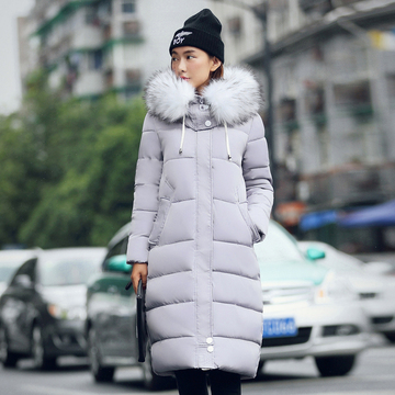 实拍2015新款韩版修身中长款棉衣连帽大毛领棉服加长款羽绒服