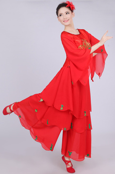 新款古典民族舞蹈服装 红色青花瓷舞蹈服饰 卷珠帘舞蹈秧歌服女