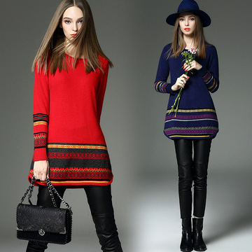 欧洲站2015秋季新款女欧美时尚下摆图案装饰套头针织衫中长款毛衣
