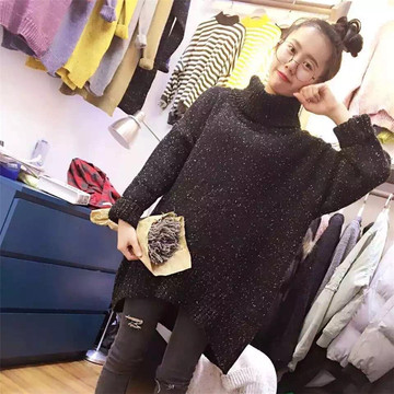 2015韩国新款高领混色套头毛衣中长款宽松大码加厚线衣时尚外套女