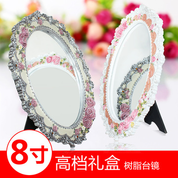欧式复古田园树脂梳妆镜家居结婚8寸手绘浮雕台式镜子桌面化妆镜