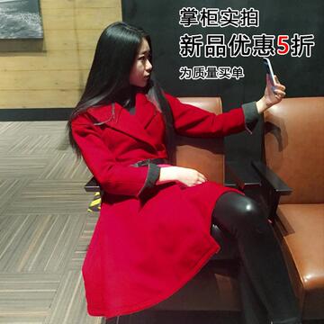 2015MISS苏秋冬季韩版收腰显瘦 时尚皮带伞状红色保暖毛呢外套