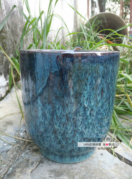 圆形圆柱形筒形桶形特色孔雀蓝陶瓷花盆有孔无孔水培高35厘米包邮