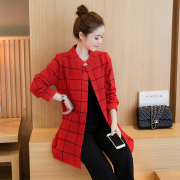 2016秋季新款韩版女装长袖针织开衫中长款格子毛衣外套