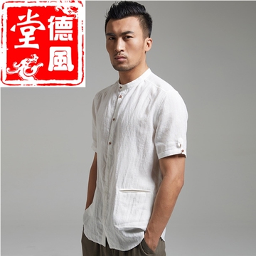 中国风春季苎麻短袖衬衫男圆领中式宽松棉麻衬衣男士无领唐装衬衫