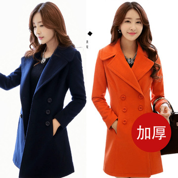 特价促销2015秋冬季韩版风衣大码领修身双排扣呢子女装修身瘦大衣