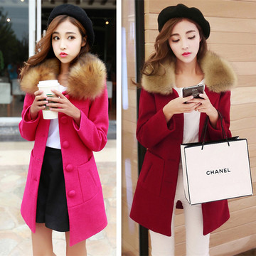 2015冬新款呢大衣女装韩版呢子气质修身中长款大码毛领毛呢外套