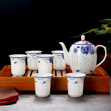 景德镇青花玲珑茶具套装整套陶瓷功夫蜂窝镂空茶壶大号茶杯送礼盒