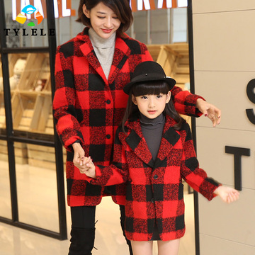 冬季2015新品亲子装格子中长款上衣女童呢子韩版母女装风衣外套潮