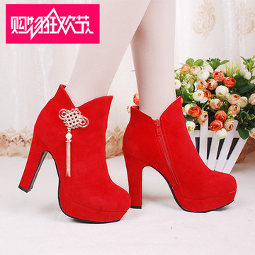 冬季短靴超高跟粗跟防水台圆头女靴加绒棉靴红色新娘鞋结婚鞋踝靴