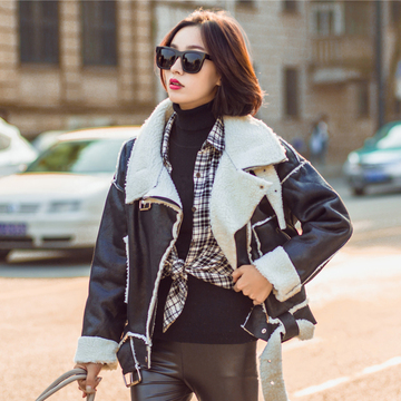 2015女士冬季外套新款韩版帅气皮毛一体加绒鹿皮拉链机车服女外套