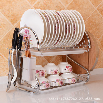 不锈钢厨用双盘沥水碗架多功能收纳架碗碟刀叉菜板置物架正品包邮