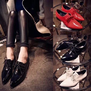 2015年秋冬韩版粗跟小皮鞋漆皮系带复古牛津鞋真皮圆头中跟女单鞋