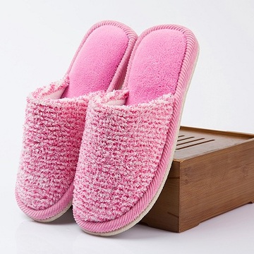 唯鼎冬季女毛绒条纹包头坡跟韩版家居室内地板防滑可爱保暖棉拖鞋