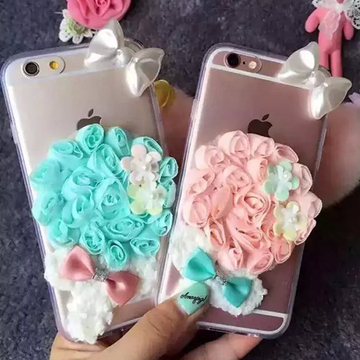 韩国创意立体花朵+兔毛球iPhone6S手机壳苹果6plus保护套6S手机壳