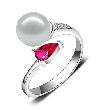 珍珠戒指 S925纯银天然淡水珍珠戒指 红宝石款正圆无暇强光送女友
