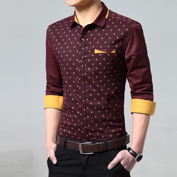秋季男士印花长袖衬衫韩版修身型免烫时尚都市青年英伦衬衣男装潮
