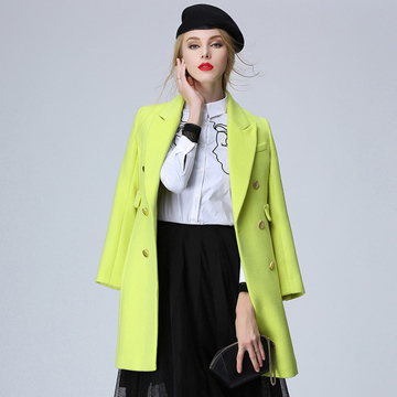 2015韩版冬装新款双排扣修身西装呢子大衣中长款毛呢外套品牌女装