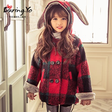戴琳优2015冬季女童韩版新年装 可爱兔子加厚外套 过年装格子大衣
