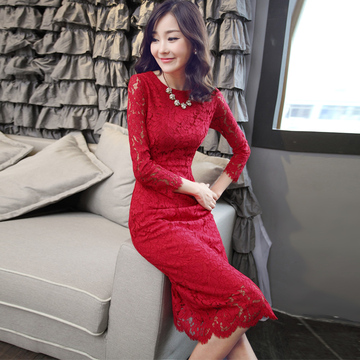 2015春装新款钩花镂空蕾丝拼接连衣裙高腰红色长袖蕾丝长裙