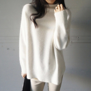 秋冬韩版白色兔毛半高领宽松针织衫中长款长袖毛衣女套头外套加厚