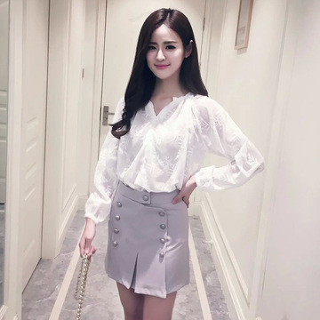 2016夏季女装新品韩版优雅长袖衬衣 雪纺透视上衣绣花女式衬衫
