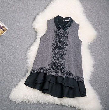 欧美2015秋冬欧美女装欧美娃娃领宽松大码连衣裙 打底衫两件套