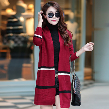 2015秋冬外套新款韩版修身显瘦拼接撞色针织衫女中长款