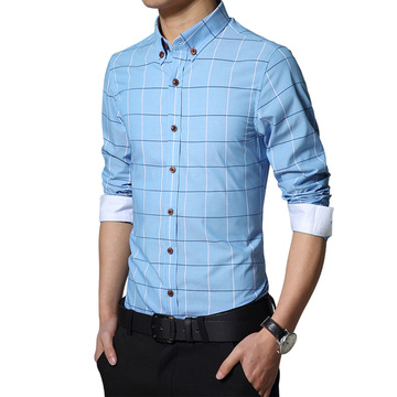 男士秋季长袖衬衫青年韩版修身印花条纹格子夏季休闲衬衣男装大码