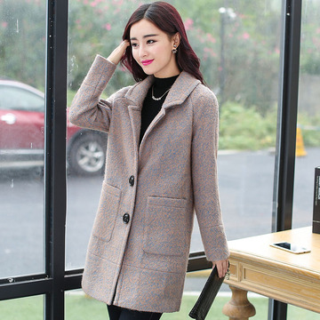 时尚韩版修身大衣两粒扣口袋灰色彩色中厚秋冬女装小领气质大码