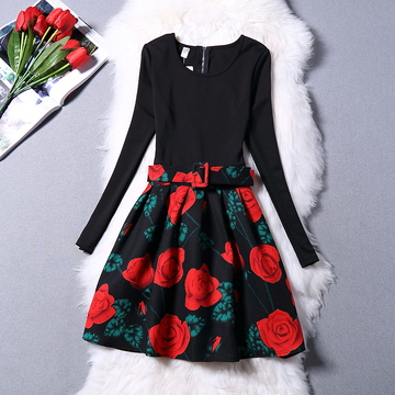 2016秋季新款玫瑰花朵拼接长袖连衣裙打底裙送腰带