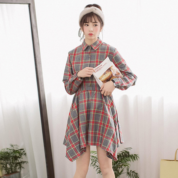 2016韩版女装甜美学院风松紧腰修身显瘦长袖格子衬衫时尚连衣裙