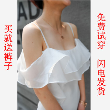 韩国代购2015夏装女装新款一字领欧根纱露肩性感吊带连衣裙女白色