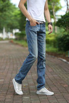 新款韩版青少年牛仔裤男装弹力修身直筒男士小脚裤长裤子潮