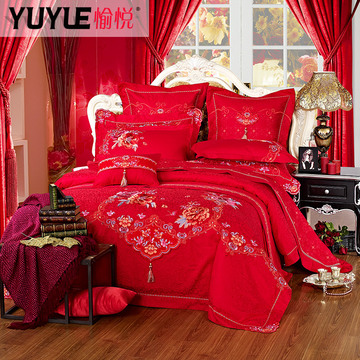 愉悦家纺 婚庆四件套大红刺绣床品被套床单结婚床上用品1.8m