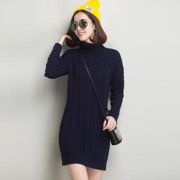2015miss韩版套头保暖 显瘦 修身 藏蓝色中长款 毛线螺旋纹连衣裙