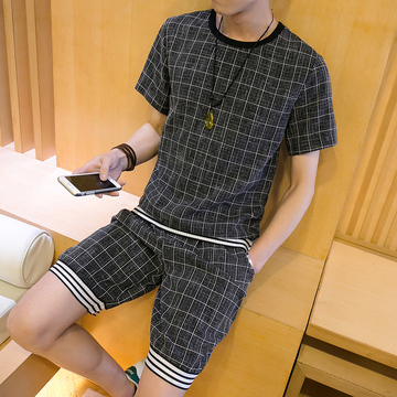 2016夏季新款男士韩版修身条纹格子休闲套装潮流运动短袖T恤套装