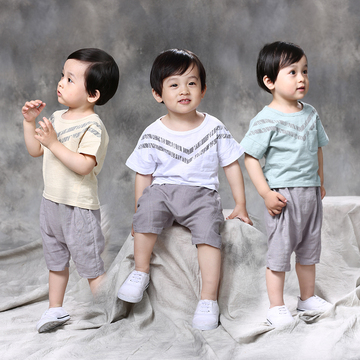 童装男童夏装宝宝韩版2015新款潮5儿童3岁短袖套装休闲棉麻两件套