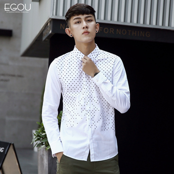 Egou2016秋季新款薄款波点纯棉白色修身衬衫男时尚休闲男士衬衣潮