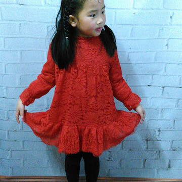 2016春女童连衣裙新款童装红色长袖蕾丝纱裙子韩版潮公主裙