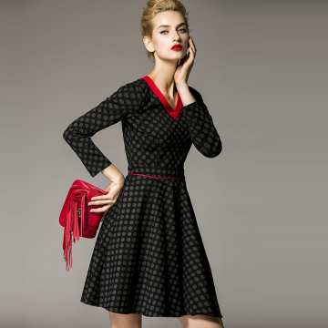 2016初春新款 欧美时尚 撞色拼接波点印花修身显瘦连衣裙