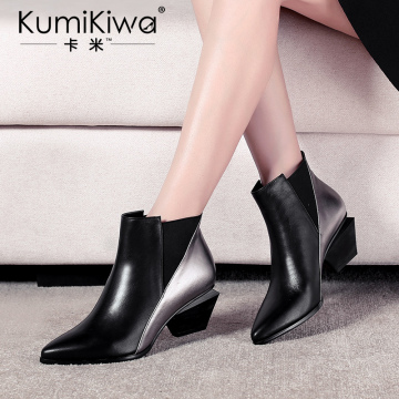 KumiKiwa 2016秋季新款拼色高跟真皮 牛皮靴子 女 短靴