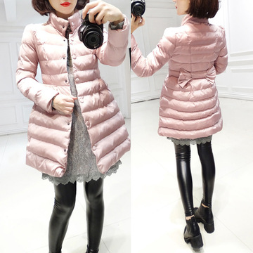 2015冬装新款女装韩版立领蝴蝶结纯色收腰保暖外套中长款棉衣