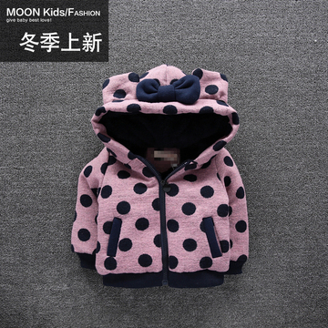 韩版冬季新款童装女宝宝1-5岁圆点加绒外套婴儿小童连帽加厚棉衣