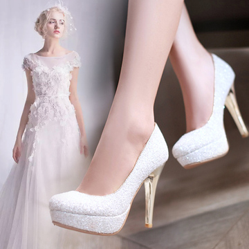 夏季新款韩国公主水晶超高跟鞋婚鞋女新娘伴娘白色浅口单鞋防水台