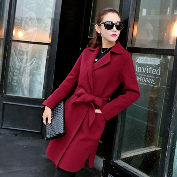 2015秋冬时尚新款中长款羊绒大衣女呢子修身长袖红色专柜正品品牌