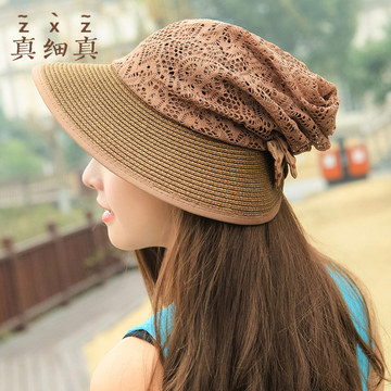 真细真  韩版蕾丝遮阳帽女 夏季防紫外线草帽 布草混编户外帽子