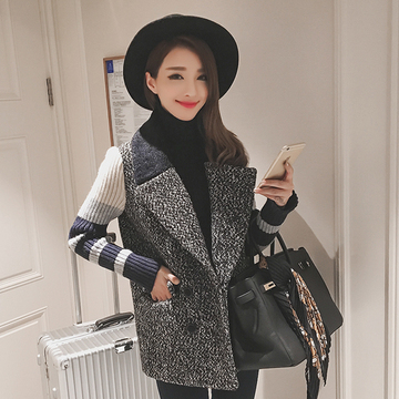2015秋冬新款韩版时尚翻领毛呢外套女修身显瘦毛衣袖拼接呢子外套