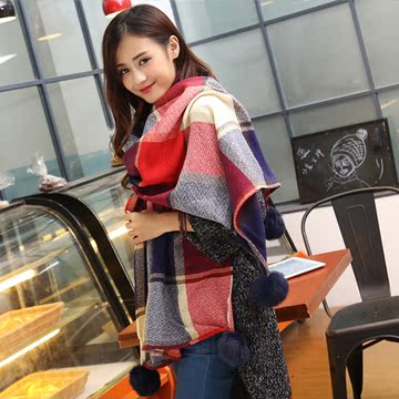 女士围巾女冬季韩国长款加厚羊绒毛球围脖英伦格子披肩围巾